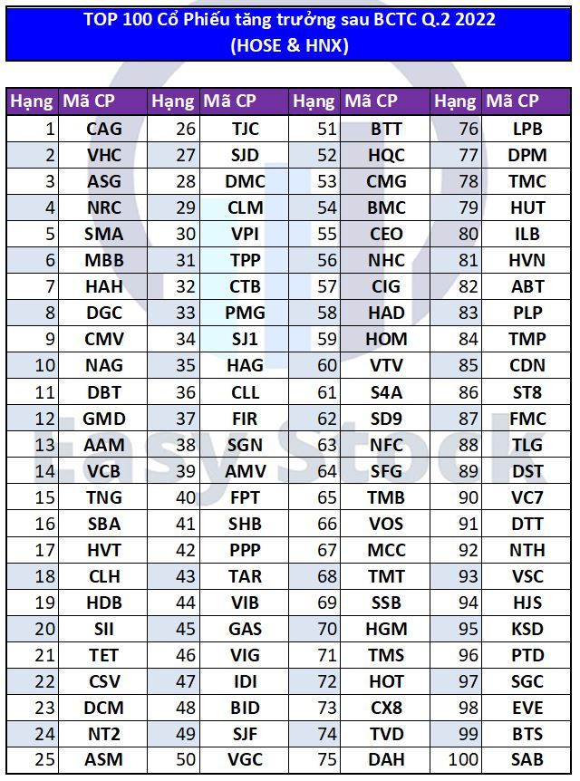 Top 100 cổ phiếu tăng trưởng Q2 2020 Top 100 cổ phiếu tăng trưởng Q2 2020